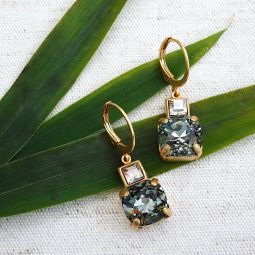 Crystal Square Duet Earrings, Black-Diamond
